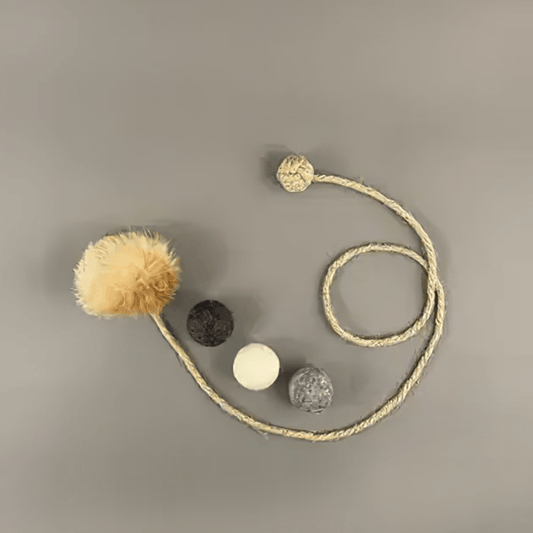 Pawsome Pet | Cat Toy Set with Natural Rabbit Fur ball & Wool Balls