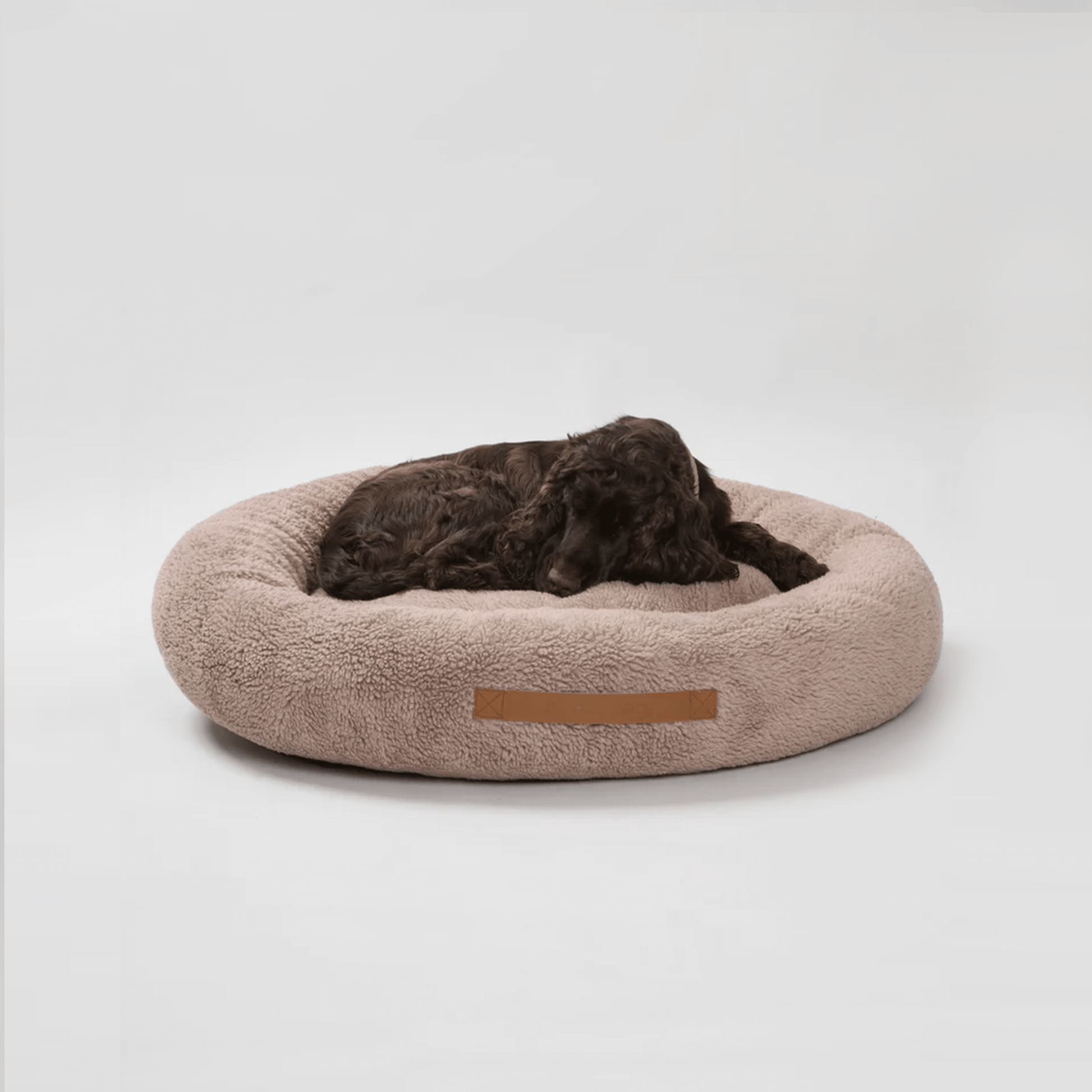 A brown round dog bed with a plush texture, featuring a lying dog resting on it.